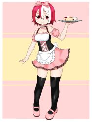 Rule 34 | 1girl, alternate costume, apron, armpit peek, bags under eyes, bare shoulders, black dress, black pantyhose, border, bow, breasts, cake, choker, coffee mug, collarbone, cross-laced clothes, cross-laced dress, cup, dress, food, frilled apron, frilled choker, frills, hair bow, highres, holding, holding plate, light smile, made in abyss, medium breasts, mug, multicolored background, multicolored clothes, multicolored dress, multicolored hair, pantyhose, pink background, pink bow, pink choker, pink dress, pink footwear, pink ribbon, pink sleeves, plate, puffy short sleeves, puffy sleeves, red eyes, red hair, ribbon, short hair, short sleeves, solo, streaked hair, tarupikox1, vueko, waitress, white apron, white border, white dress, white hair, yellow background