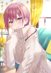 Rule 34 | 1girl, aran sweater, artist name, backlighting, blue eyes, breasts, cable knit, closed mouth, clothing cutout, commentary request, couch, curtains, day, flower, frills, go-toubun no hanayome, hair between eyes, hakuda tofu, hand up, highres, indoors, long sleeves, medium breasts, nakano ichika, pillow, pink hair, shoulder cutout, sleeves past wrists, smile, solo, sunlight, sweater, turtleneck, turtleneck sweater, vase, white sweater, yellow flower