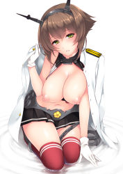 Rule 34 | 10s, 1girl, anchor, ayase hazuki, black skirt, breasts, brown hair, collar, epaulettes, gloves, green eyes, head tilt, headgear, jacket, kantai collection, large breasts, long sleeves, looking at viewer, military, military uniform, miniskirt, mutsu (kancolle), naval uniform, navel, nipples, no bra, partially submerged, pleated skirt, puffy nipples, red thighhighs, seiza, short hair, simple background, sitting, skirt, solo, striped clothes, striped thighhighs, thighhighs, uniform, water, white background, white gloves, white jacket