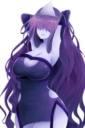 Rule 34 | 1girl, arano oki, armpits, arms behind head, arms up, blue skin, breasts, cleavage, colored skin, curvy, dress, elbow gloves, gloves, hair over eyes, large breasts, long hair, monster girl, okiku (banchou sarayashiki), open mouth, purple hair, solo, thick thighs, thighs, touhou, very long hair, wide hips