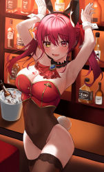 Rule 34 | 1girl, absurdres, alcohol, alternate costume, animal ears, ascot, bar (place), blush, bottle, breasts, bucket, cleavage, fang, heterochromia, highres, hololive, houshou marine, houshou marine (1st costume), ice, ice cube, large breasts, leotard, long hair, looking at viewer, nacho (nacho 1103), playboy bunny, rabbit ears, rabbit pose, rabbit tail, red eyes, red hair, smile, solo, tail, thighhighs, thighs, twintails, virtual youtuber, yellow eyes