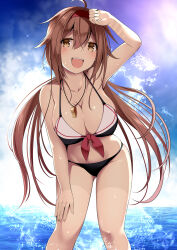 Rule 34 | 1girl, beach, bikini, breasts, brown eyes, brown hair, cleavage, day, hair between eyes, hair flaps, hairband, highres, kantai collection, kuromayu, large breasts, long hair, looking at viewer, low twintails, ocean, open mouth, outdoors, patterned clothing, red hairband, shiratsuyu (kancolle), shiratsuyu kai ni (kancolle), sky, solo, sun, sunlight, swimsuit, tan, tanline, twintails, water, wet, whistle, whistle around neck