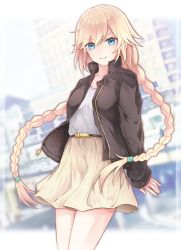 Rule 34 | 1girl, akira (aky-la), arm at side, bad id, bad pixiv id, blonde hair, blue eyes, blurry, border, braid, breasts, building, casual, closed mouth, cowboy shot, depth of field, eyebrows, facing viewer, highres, jacket, legs together, long hair, long sleeves, looking at viewer, medium breasts, miniskirt, open clothes, open jacket, outside border, phantasy star, phantasy star online 2, phantasy star online 2 the animation, skirt, skyscraper, smile, solo, standing, suzuki aika, translucent border, transparent border, twin braids, twintails, unzipped, very long hair, yellow skirt