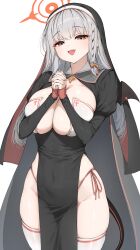 Rule 34 | 1girl, absurdres, blue archive, breasts, cross, curvy, grey hair, halo, haruna (blue archive), highres, kagi f, large breasts, long hair, long sleeves, looking at viewer, nun, open mouth, own hands together, panties, red eyes, red halo, side-tie panties, simple background, smile, solo, thighhighs, thighs, underwear, white background, white thighhighs