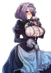 Rule 34 | 1girl, apron, azur lane, black gloves, blush, breasts, chain, commentary request, dress, gloucester (azur lane), gloves, hairband, hey taisyou, highres, large breasts, long sleeves, looking at viewer, maid, open mouth, puffy sleeves, purple hair, short hair, solo, translation request, valentine, yellow eyes