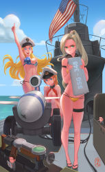 Rule 34 | 3girls, :d, american flag, american flag bikini, bikini, blonde hair, blue eyes, cloud, commentary request, day, fairy (kancolle), flag print, green eyes, hat, headphones, headphones around neck, highres, kantai collection, long hair, looking at viewer, multiple girls, ocean, open mouth, pacific (kancolle), peaked cap, pointing, pointing up, ponytail, pout, red bikini, red hair, rocket, sandals, sima naoteng, skindentation, smile, standing, submarine, swimsuit, thigh strap, u-2513 (pacific), u-552 (pacific), uss cusk (ssg-384), watercraft, yellow bikini