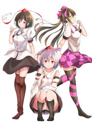 Rule 34 | 3girls, absurdres, animal ears, black legwear, black skirt, blush, breasts, brown hair, brown legwear, checkered clothes, checkered skirt, detached sleeves, hat, highres, himekaidou hatate, inubashiri momiji, large breasts, looking at viewer, looking to the side, multiple girls, open mouth, panties, pom pom (clothes), red eyes, shameimaru aya, shirt, skirt, squatting, tokin hat, touhou, two side up, underwear, user anhk5528, white hair, white panties, white shirt, wolf ears, yellow eyes