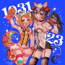Rule 34 | 2girls, animal ears, animal hands, armpits, bad id, bad pixiv id, bare shoulders, belt, belt collar, black shorts, blue background, bow, bowtie, character request, claw pose, collar, corset, fangs, fennery (show by rock!!), garter straps, gloves, green eyes, hand up, heterochromia, legband, looking at viewer, mamaloni, multiple girls, navel, open mouth, orange eyes, orange hair, paw gloves, purple eyes, purple hair, short hair, short shorts, shorts, show by rock!!, sparkle, standing, striped clothes, striped legwear, striped thighhighs, tail, thigh strap, thighhighs, topknot, twitter username, wings