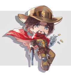 Rule 34 | 1boy, beard, belt, blue eyes, brown belt, brown gloves, brown hair, brown hat, brown pants, cape, cassidy (overwatch), chibi, chinese commentary, cigar, commentary request, cowboy hat, facial hair, gloves, grey background, gun, hat, holding, holding gun, holding weapon, looking at viewer, male focus, mechanical arms, overwatch, overwatch 1, pants, red cape, shadow, short hair, simple background, single glove, single mechanical arm, smoking, solo, weapon, yusa (yusa0751)
