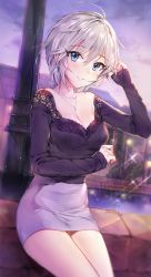 Rule 34 | 10s, anastasia (idolmaster), bad id, bad twitter id, blue eyes, blurry, blush, bra, breasts, cleavage, depth of field, dutch angle, earrings, glint, hair between eyes, highres, idolmaster, idolmaster cinderella girls, jewelry, joypyonn, long sleeves, looking at viewer, medium breasts, miniskirt, necklace, outdoors, pendant, purple bra, ribbed shirt, shirt, short hair, silver hair, sitting, skirt, sky, sleeves past wrists, smile, solo, sparkle, strapless, strapless bra, underwear, v-neck