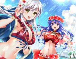 Rule 34 | :d, beach, belt, bikini, blue eyes, blue hair, blue scarf, breasts, fire emblem, fire emblem: radiant dawn, fire emblem: the binding blade, fire emblem heroes, flower, front-tie top, gloves, grey hair, groin, hair flower, hair ornament, hair ribbon, half updo, head wreath, highres, kakiko210, light rays, lilina (fire emblem), lilina (summer) (fire emblem), long hair, looking at viewer, medium breasts, micaiah (fire emblem), micaiah (summer) (fire emblem), navel, nintendo, official alternate costume, open mouth, outdoors, outstretched arms, red bikini, red gloves, ribbon, scarf, sideboob, smile, spread arms, sunlight, swimsuit, upper body, yellow eyes