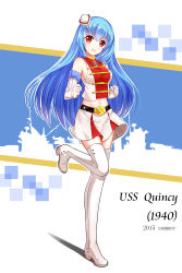 Rule 34 | 10s, 1girl, 2015, absurdres, anchor, bad id, bad pixiv id, belt, blue hair, blush, boots, character name, elbow gloves, gloves, hat, head tilt, highres, historical name connection, leg up, long hair, midriff, mini hat, name connection, navel, quincy (warship girls r), red eyes, silhouette, skirt, smile, solo, thigh boots, thighhighs, uss quincy (ca-39), warship girls r, white footwear, white gloves, white thighhighs, zettai ryouiki, zhenming
