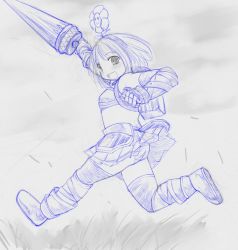 Rule 34 | 1girl, armor, boots, chest plate, faulds, flat chest, flower, flower on head, gauntlets, grace of fairsky, kasuga yukihito, lance, monochrome, panties, pantyshot, pleated skirt, polearm, running, short hair, sketch, skirt, smile, solo, thighhighs, traditional media, underwear, upskirt, warrior (grace of fairsky), weapon
