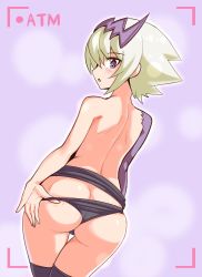 Rule 34 | 1girl, ass, black panties, blush, butt crack, cougar (cougar1404), dragon: marked for death, empress (dmfd), from behind, huge ass, looking at viewer, looking back, open mouth, panties, shiny skin, short hair, solo, thighhighs, thighs, topless, underwear, wedgie, white hair