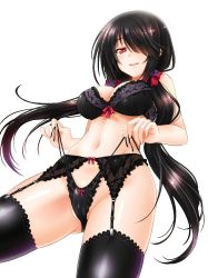 Rule 34 | 10s, 1girl, black bra, black panties, black thighhighs, blush, bow, bow panties, bra, breasts, cameltoe, cleavage, date a live, flower, from below, garter belt, garter straps, hair bow, hair ornament, hair over one eye, indoors, lace, lace-trimmed bra, lace-trimmed legwear, lace-trimmed panties, lace panties, lace trim, large breasts, lens flare, light particles, lingerie, long hair, looking at viewer, looking down, naughty face, navel, okitakung, panties, red eyes, ribbon, rose, self wedgie, side-tie panties, simple background, smile, solo, sparkle, standing, thighhighs, tokisaki kurumi, twintails, underboob, underwear, underwear only, very long hair, wedgie, white background
