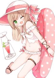Rule 34 | 1girl, ;d, bare shoulders, bendy straw, bikini, blush, bow, braid, brown hair, commentary request, cup, drink, drinking glass, drinking straw, frilled bikini, frills, green eyes, hair between eyes, hat, hat bow, innertube, long hair, looking at viewer, mismatched bikini, navel, off-shoulder shirt, off shoulder, one eye closed, open mouth, original, pink bikini, pink bow, polka dot, sandals, shirt, side-tie bikini bottom, simple background, smile, solo, sun hat, swim ring, swimsuit, thigh strap, waka (yuuhagi (amaretto-no-natsu)), white background, white bikini, white footwear, white hat, white shirt, yuuhagi (amaretto-no-natsu)