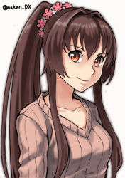 Rule 34 | 1girl, breasts, brown eyes, brown hair, cherry blossoms, collarbone, hair between eyes, hair intakes, kantai collection, long hair, looking at viewer, maakun (makun dx), medium breasts, no headgear, one-hour drawing challenge, ponytail, scrunchie, simple background, solo, sweater, white background, yamato (kancolle)