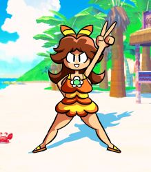 Rule 34 | 1girl, beach, bow, breasts, brown hair, crab, day, gem, grin, hand on own hip, hand up, highres, looking at viewer, mario (series), mario kart, mario kart tour, nintendo, princess daisy, sand, smile, solo, swimsuit, tree, v, water