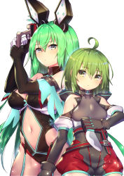 Rule 34 | 2girls, ahoge, belt, black gloves, breasts, brown eyes, copyright request, gloves, green hair, grey gloves, gun, hair between eyes, hair ornament, hand up, knife, large breasts, looking at viewer, medium breasts, midriff, multiple girls, navel, official art, shennai misha, standing, weapon, white background