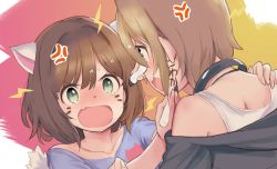 Rule 34 | &gt;:o, 10s, 2girls, :o, anger vein, angry, animal ears, animal print, back, blush, brown hair, casual, cat ears, cat print, cat tail, collarbone, drawing on another&#039;s face, eye contact, eyebrows, fighting, fingernails, green eyes, hand on another&#039;s shoulder, holding, idolmaster, idolmaster cinderella girls, light brown hair, lightning bolt symbol, looking at another, maekawa miku, multiple girls, off shoulder, profile, shirt, short hair, t-shirt, tada riina, tail, tears, tetsujin momoko, translated, upper body, v-shaped eyebrows, writing