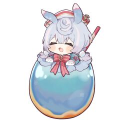Rule 34 | 1girl, :d, ^ ^, animal ears, blue hair, blush, bow, bowtie, brooch, closed eyes, commentary request, crossed bangs, cup, drinking straw, genshin impact, gloves, gradient hair, hair between eyes, hair ornament, hat, highres, in container, in cup, jewelry, kogamo (user vajm2737), long sleeves, low twintails, medium hair, milkshake, multicolored hair, nurse cap, open mouth, pink bow, pom pom (clothes), pom pom hair ornament, purple hair, red bow, red bowtie, short twintails, sidelocks, sigewinne (genshin impact), smile, solo, twintails, white gloves, white hat