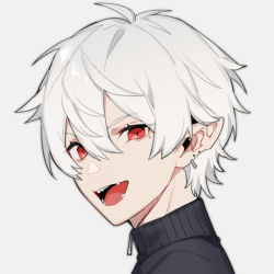 1boy ahoge anchun_(quail0503) ear_piercing earrings eyes_visible_through_hair grey_background grey_hair hair_between_eyes jewelry kuzuha_(nijisanji) looking_at_viewer male_focus mole mole_under_eye nijisanji open_mouth piercing pointy_ears red_eyes simple_background slit_pupils solo teeth tongue upper_body vampire virtual_youtuber zipper_pull_tab