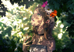 Rule 34 | 1girl, bad id, bad pixiv id, bare shoulders, brown hair, choker, earrings, flower, green eyes, hair flower, hair ornament, jewelry, leaf, long hair, looking up, nail polish, necklace, open mouth, original, ring, seafh, solo, upper body