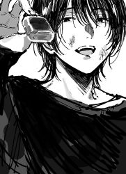 Rule 34 | 1boy, black hair, black shirt, bruise, bruise on face, close-up, dm owr, greyscale, highres, holding, injury, looking at viewer, male focus, monochrome, original, shirt, smile