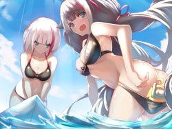Rule 34 | 2girls, admiral graf spee (azur lane), ass, azur lane, bare arms, bare shoulders, beach, bikini, bikini pull, black bikini, black hair, blue eyes, blue sky, blunt bangs, blush, breasts, butt crack, cleavage, closed mouth, clothes pull, cloud, collarbone, commentary, day, deutschland (azur lane), deutschland (service time?!) (azur lane), embarrassed, fang, front-tie bikini top, front-tie top, highres, karakushi, light smile, long hair, looking at another, looking back, manjuu (azur lane), medium breasts, midriff, multicolored hair, multiple girls, navel, ocean, open mouth, outdoors, short hair, siblings, sisters, skin fang, sky, snorkel, streaked hair, surprised, swimsuit, tearing up, very long hair, wading, water, white hair