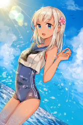 Rule 34 | 10s, 1girl, bad id, bad pixiv id, blonde hair, blue eyes, crop top, flower, gradient background, hair flower, hair ornament, highres, kantai collection, long hair, may (2747513627), one-piece swimsuit, one-piece tan, ro-500 (kancolle), sailor collar, school swimsuit, solo, swimsuit, swimsuit under clothes, tan, tanline
