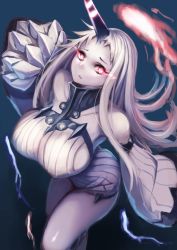 Rule 34 | 10s, 1girl, abyssal ship, albino, bare shoulders, breasts, claws, colored skin, detached sleeves, dress, glowing, glowing eyes, highres, horns, hrtyuk, kantai collection, large breasts, long hair, long sleeves, open mouth, personification, red eyes, ribbed dress, seaport princess, short dress, simple background, single horn, solo, thighs, white dress, white hair, white skin