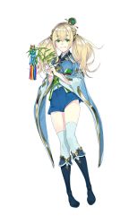 Rule 34 | 1girl, bamboo, blonde hair, blue footwear, blue pants, boots, crown, fakepucco, formation girls, full body, green eyes, highres, isabelle lancaster, long hair, looking at viewer, mini crown, official art, pants, solo, thighhighs, transparent background, twintails, white thighhighs