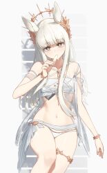 Rule 34 | 1girl, allen.n, animal ear fluff, animal ears, arknights, bandeau, bare shoulders, bikini, blush, breasts, cleavage, collarbone, commentary request, criss-cross halter, dress, eyeshadow, food, grey eyeshadow, hair ornament, halterneck, highres, holding, holding food, holding ice cream, horse ears, horse girl, ice cream, laurel crown, long hair, looking at viewer, lying, makeup, navel, official alternate costume, on back, panties, platinum (arknights), platinum (shimmering dew) (arknights), simple background, small breasts, solo, stomach, swimsuit, thighlet, thighs, underwear, white bikini, white hair, wristband, yellow eyes