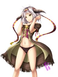 Rule 34 | 1girl, bare shoulders, borrowed character, cameltoe, cape, cecilia (acerailgun), fi-san, forbiddenimmortality, groin, hairband, half-closed eyes, horns, navel, open clothes, original, panties, signature, solo, transparent background, underwear, white hair, witch, yellow eyes