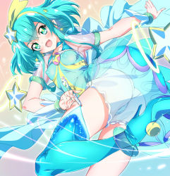 Rule 34 | 1girl, absurdres, aqua eyes, aqua hair, armpits, ass, bare shoulders, breasts, choker, covered erect nipples, covered navel, cure milky, earrings, glowing, hagoromo lala, hair ornament, highres, impossible clothes, impossible leotard, jewelry, leotard, looking at viewer, looking back, magical girl, niko (tama), open mouth, precure, see-through, shiny skin, shooting star hair ornament, short hair, single thighhigh, skin tight, small breasts, smile, solo, star-shaped pupils, star (symbol), star earrings, star hair ornament, star twinkle precure, symbol-shaped pupils, thighhighs, thighs, wrist cuffs