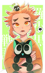 Rule 34 | 1boy, animal, black eyes, blonde hair, border, cat, crossover, fangs, forehead, forked eyebrows, green background, hair up, highres, holding, holding animal, holding cat, japanese clothes, kameoka908, kimetsu no yaiba, kimono, lower teeth only, luo xiaohei, luo xiaohei (cat), luo xiaohei zhanji, male focus, multicolored hair, open mouth, parted lips, ponytail, red hair, rengoku senjurou, sidelocks, solo, teeth, thick eyebrows, tsurime, two-tone hair, upper body, white background, white border, yellow eyes, yellow kimono