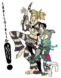 Rule 34 | 1boy, 2girls, annie (skullgirls), arm hair, bag, bare shoulders, barefoot, belt, belt pouch, beowulf (skullgirls), black eyes, black hair, blonde hair, blouse, boots, braid, breasts, cape, chain, child, cuffs, dani grew, dress, english text, eyepatch, facial hair, frown, giant, giantess, green footwear, green hair, height difference, horns, jitome, long hair, midriff, multiple girls, navel, pants, parasite, parody, pelt, pointy ears, ponytail, pouch, prison clothes, rabbit, retrodynamics, sagan (skullgirls), scar, scythana, scythana (skullgirls), shackles, sharp teeth, shirt, short hair, sideburns, simple background, single horn, skullgirls, sleeveless, standing, striped clothes, striped shirt, stubble, stuffed animal, stuffed rabbit, stuffed toy, suspenders, sword, teeth, thigh boots, thighhighs, twin braids, twintails, vertical stripes, weapon, white background, wrist cuffs, yellow eyes, yotsubato!, yotsubato! pose