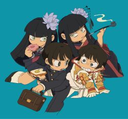 Rule 34 | 2boys, 2girls, all fours, alternate costume, arm guards, arm support, asahi sas brutus, bag, black eyes, black hair, black jacket, black kimono, black pants, black skirt, blue background, blunt bangs, bowl cut, bread slice, bright pupils, brother and sister, buttons, chibi, clenched teeth, coat, commentary, cropped legs, doughnut, dual persona, eating, epiphyllum, eye contact, final fantasy, final fantasy xiv, flower, food, from side, full body, gakuran, glaa da, gloves, green eyes, hair flower, hair ornament, hair stick, highres, holding, holding bag, holding food, holding smoking pipe, jacket, japanese clothes, kimono, kiseru, kneehighs, long hair, looking at another, lying, mole, mole under mouth, multiple boys, multiple girls, neckerchief, on side, open mouth, pants, red neckerchief, red trim, school uniform, short hair, siblings, simple background, skirt, smoke, smoking pipe, socks, straight hair, sweat, teeth, toast, white coat, white gloves, white pants, white pupils, white socks, wide-eyed, yotsuyu goe brutus