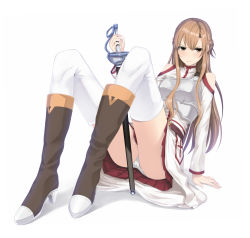 Rule 34 | 10s, 1girl, arm support, armor, asuna (sao), bad id, bad pixiv id, bare shoulders, boots, breastplate, brown eyes, brown hair, couzone, full body, glaring, high heels, highres, knee boots, long hair, panties, pantyshot, shoes, simple background, sitting, skirt, solo, sword, sword art online, thighhighs, underwear, upskirt, weapon, white background, white panties, white thighhighs