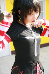 Rule 34 | 1girl, asian, black lagoon, breasts, cosplay, electrolarynx, female focus, frederica sawyer (cosplay), looking at viewer, omi gibson, outdoors, photo (medium), plaid, pleated skirt, frederica sawyer, skirt, small breasts, smile, solo, striped, voice box