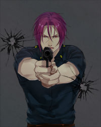 Rule 34 | 10s, 1boy, aiming, aiming at viewer, bad id, bad pixiv id, candytang442494812, free!, future fish, gun, handgun, holding, holding gun, holding weapon, looking at viewer, male focus, matsuoka rin, open mouth, pistol, police, police uniform, red eyes, red hair, sharp teeth, short hair, solo, teeth, uniform, weapon