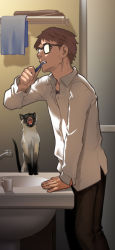 Rule 34 | 1boy, arm support, as109, as109&#039;s cat, bathroom, brushing teeth, cat, city no.109, collared shirt, commentary request, dress shirt, faucet, from side, glasses, indoors, long sleeves, male focus, official art, opaque glasses, original, pants, shirt, siamese cat, sink, solo, toothbrush, wing collar