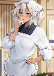 Rule 34 | 1girl, alternate costume, apron, black nails, blowing, commentary request, cup, dark-skinned female, dark skin, glasses, grey hair, hair between eyes, hand on own hip, head scarf, highres, holding, holding cup, indoors, japanese clothes, jewelry, kantai collection, long hair, musashi (kancolle), open mouth, rectangular eyewear, ring, semi-rimless eyewear, solo, twintails, wedding ring, white headwear, yunamaro
