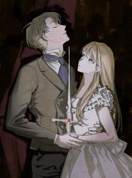 Rule 34 | 1boy, 1girl, blonde hair, blue necktie, brown suit, closed mouth, collarbone, dress, closed eyes, formal, frilled dress, frills, garam lee, gem, green eyes, hair between eyes, hand on another&#039;s waist, highres, holding, holding sword, holding weapon, long hair, looking at another, necktie, original, parted lips, shadow, sketch, suit, sword, weapon, white dress