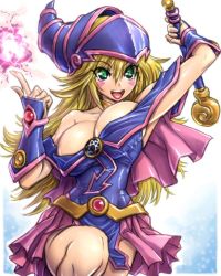 Rule 34 | 1girl, amania orz, bare shoulders, blonde hair, breasts, cleavage, dark magician girl, duel monster, gradient background, green eyes, hat, large breasts, long hair, magic, open mouth, solo, staff, wizard hat, yu-gi-oh!, yu-gi-oh! duel monsters