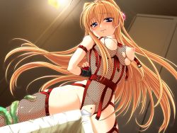 Rule 34 | 1girl, arms behind back, bdsm, blonde hair, blue eyes, blush, bondage, bound, breasts, fishnet bodysuit, fishnets, game cg, inda no himekishi jeanne, jeanne grenoble, kamei, long hair, looking at viewer, maebari, mizushima oonari, nipples, open mouth, sweat, tears, tentacles, thighhighs, torn clothes, wooden horse