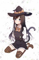 Rule 34 | 1girl, animal ears, arms behind back, asashio (kancolle), black hair, blue eyes, bow, bowtie, cat ears, cat tail, commentary request, dated, dress, frilled dress, frills, hat, kantai collection, kocona, long hair, long sleeves, looking at viewer, official alternate costume, one-hour drawing challenge, orange bow, orange bowtie, pinafore dress, searchlight, shirt, sitting, sleeveless, sleeveless dress, solo, star (symbol), starry background, striped clothes, striped thighhighs, tail, thighhighs, wariza, white background, white shirt, witch hat