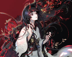 Rule 34 | 1girl, black background, black eyes, black hair, bug, butterfly, commentary request, fiery hair, fingernails, flower, gradient background, highres, hime cut, horns, insect, japanese clothes, kabi (kb), kimono, long fingernails, long hair, looking to the side, obi, oni, oni horns, original, red background, sash, solo, two-tone background, very long hair, white kimono