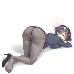 Rule 34 | 1girl, animal ears, ass, black footwear, black hair, black pantyhose, blue archive, blush, breasts, closed eyes, extra ears, gloves, halo, high heels, highres, kamuraya, kneepits, large breasts, long sleeves, official alternate costume, open mouth, panties, panties under pantyhose, pantyhose, pink halo, shirt, short hair, simple background, soles, solo, toes, tsubaki (blue archive), tsubaki (guide) (blue archive), underwear, white background, white gloves, white panties, white shirt