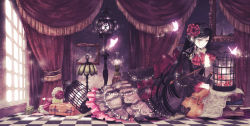 Rule 34 | 1girl, birdcage, black dress, black hair, book, bow, bow (music), broken mirror, brooch, bug, butterfly, cage, checkered floor, cross, curtains, doll, dress, facial mark, floor, flower, frills, gothic lolita, grey eyes, hair flower, hair ornament, hairband, insect, instrument, jewelry, lamp, large bow, lolita fashion, long hair, mirror, mirusa, original, pink flower, pink rose, rose, sitting, solo, suitcase, sunlight, violin, window